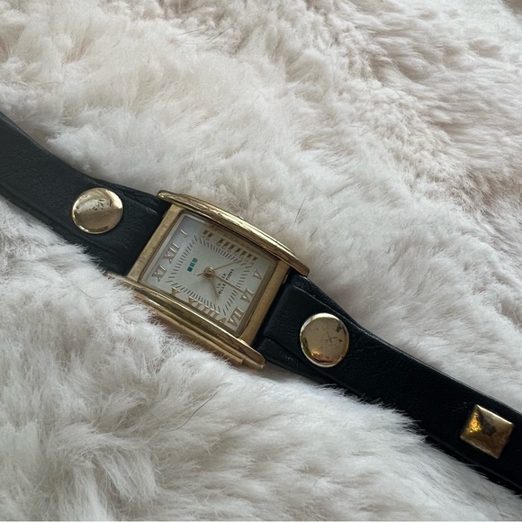 La Mer Black Leather Wrap Watch with Gold Studs - Picture 2 of 3